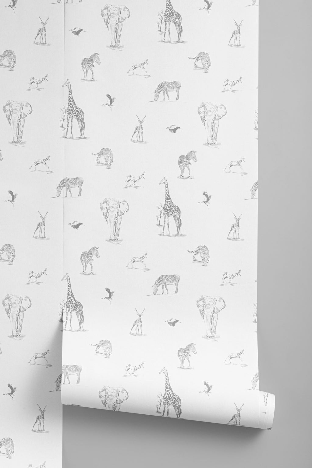 Roll of The Grassland Expedition wallpaper in dove grey and white, another angle
