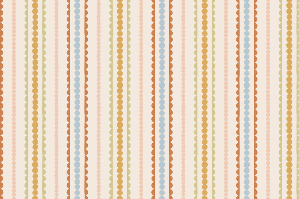 Full artwork view of The Haberdashery Braid mural in apricot and pink, showing beaded and scalloped stripes