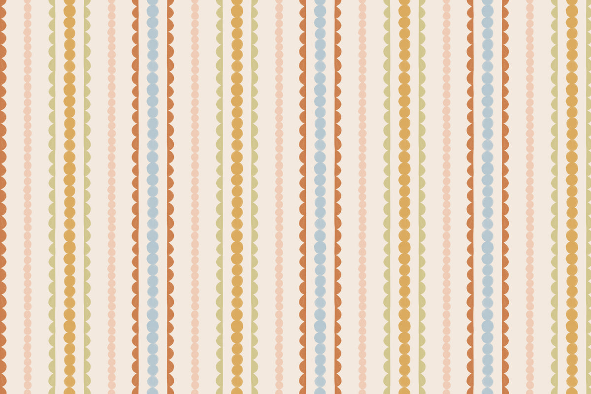 Full artwork view of The Haberdashery Braid mural in apricot and pink, showing beaded and scalloped stripes