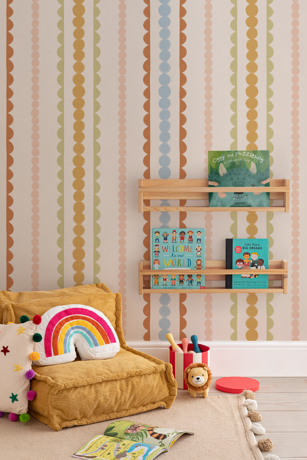 The Haberdashery Braid mural in apricot and pink in a children's room setting