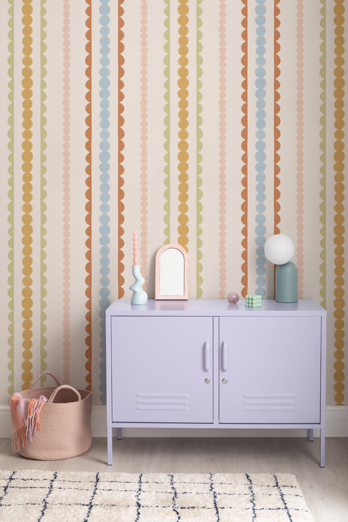 The Haberdashery Braid mural in apricot and pink in a children's room setting, view 3