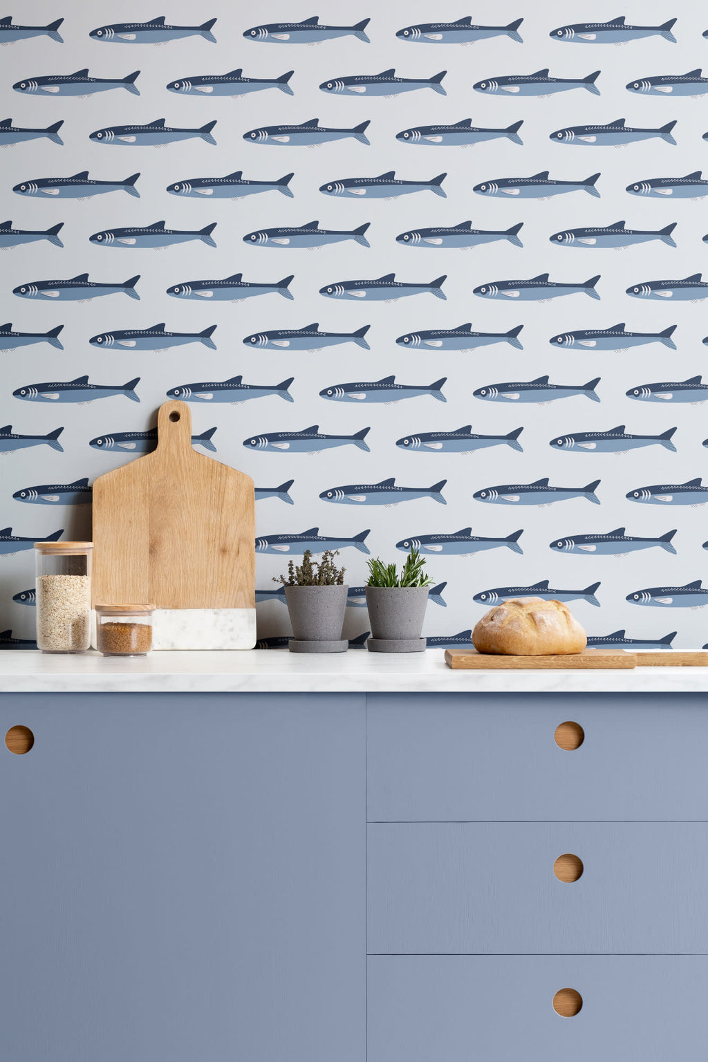 The Harbour Catch wallpaper in ocean blue in a kitchen