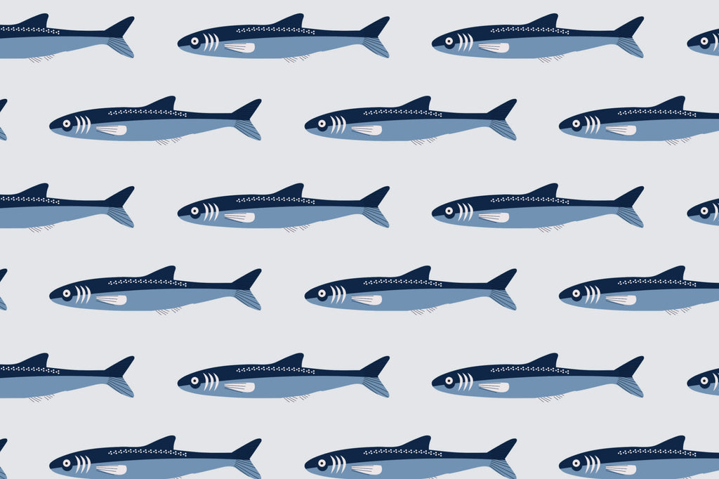 Flat pattern view of The Harbour Catch wallpaper in ocean blue, showing the rows of silvery fish