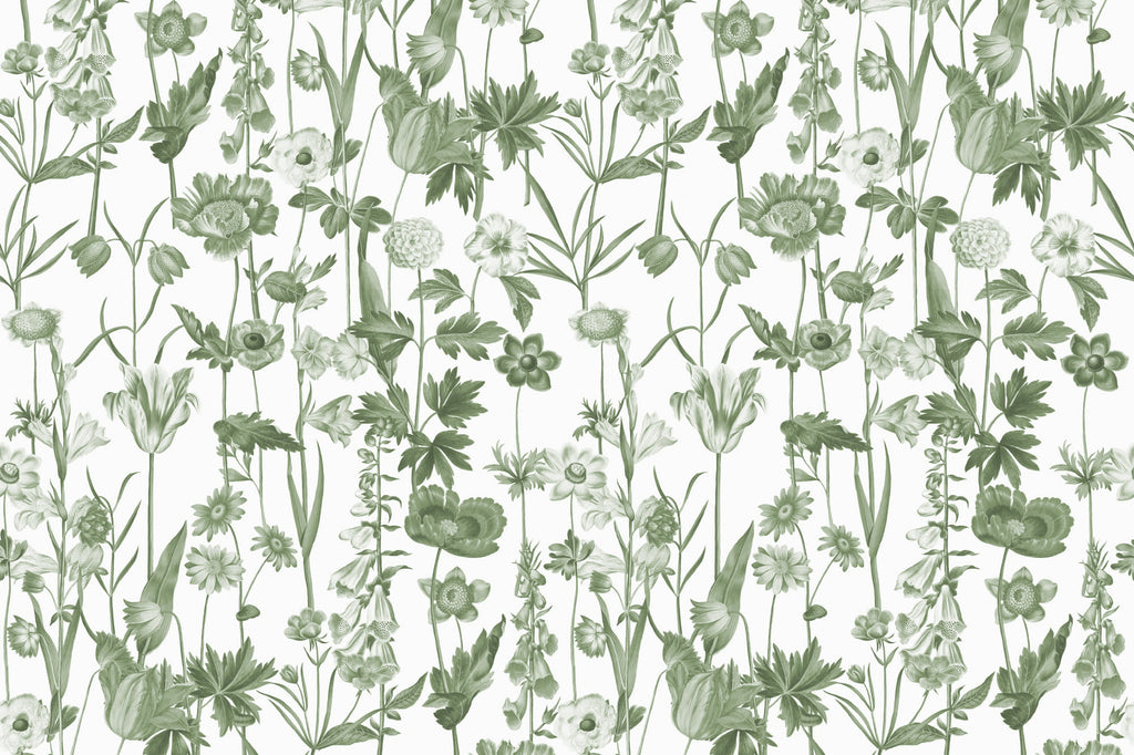Flat pattern view of The Hedgerow Botanica wallpaper in fern green and white, showing the illustrated wildflowers and grasses