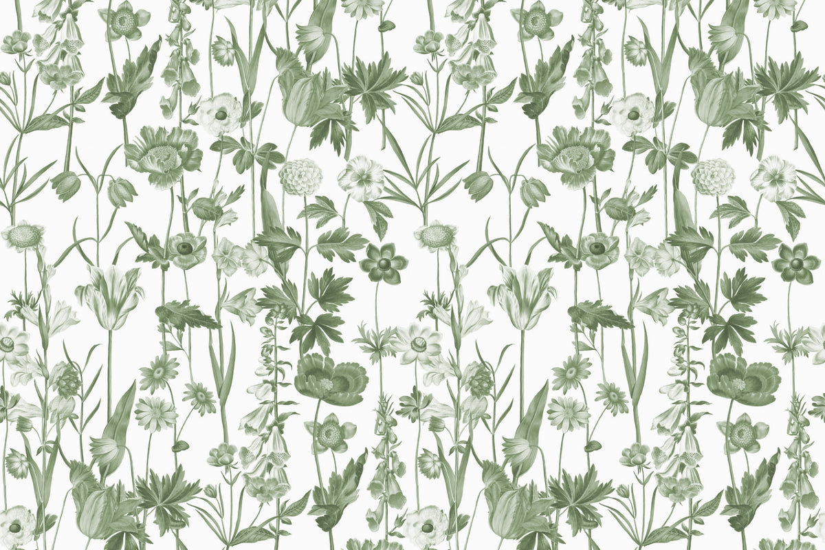 Flat pattern view of The Hedgerow Botanica wallpaper in fern green and white, showing the illustrated wildflowers and grasses