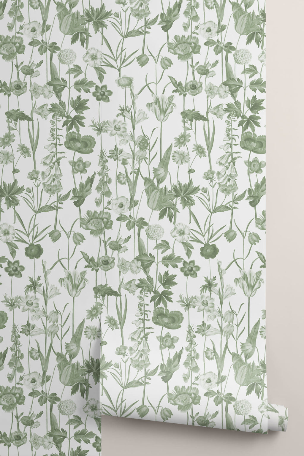 Roll of The Hedgerow Botanica wallpaper in fern green and white