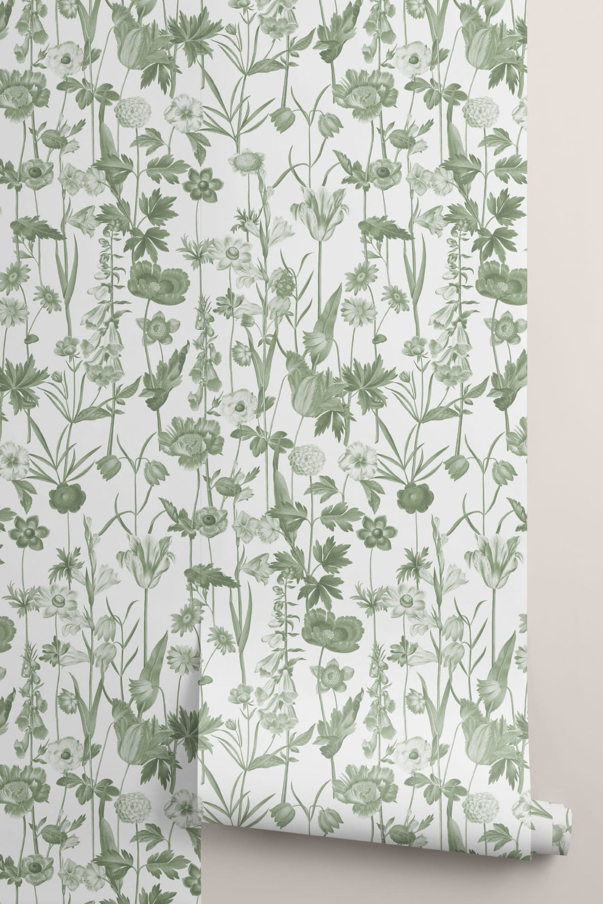 Roll of The Hedgerow Botanica wallpaper in fern green and white