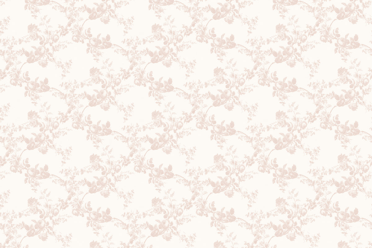 Full artwork view of The Heirloom Rose mural in rose pink and white, showing faded roses and peonies