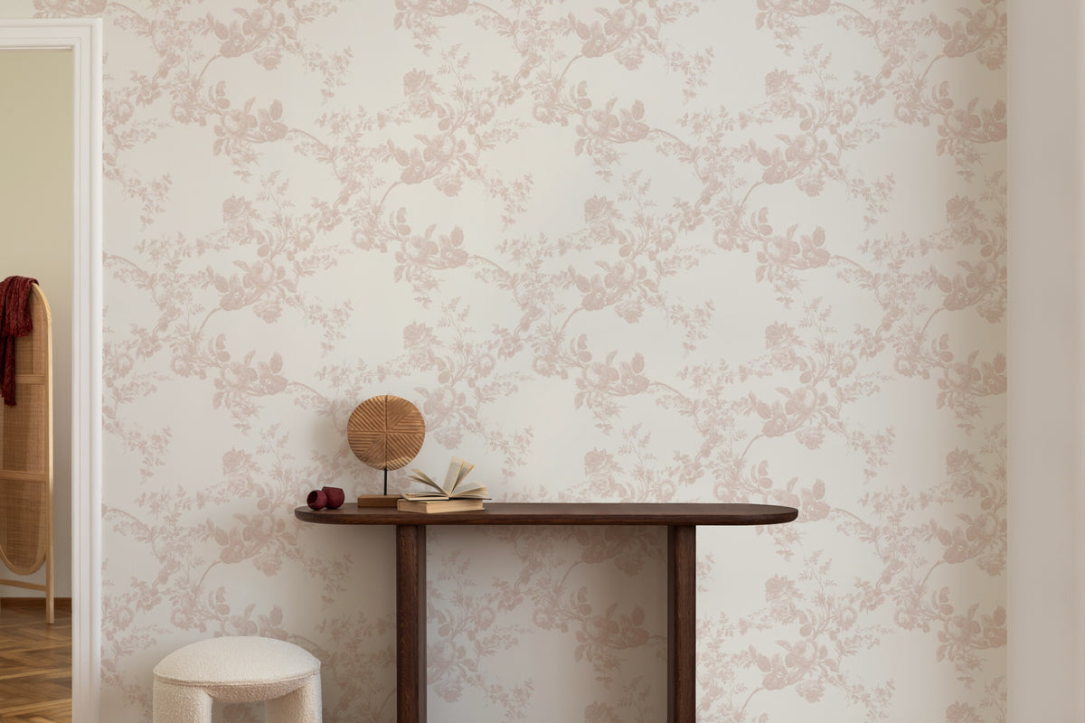 The Heirloom Rose mural in rose pink and white behind a styled console