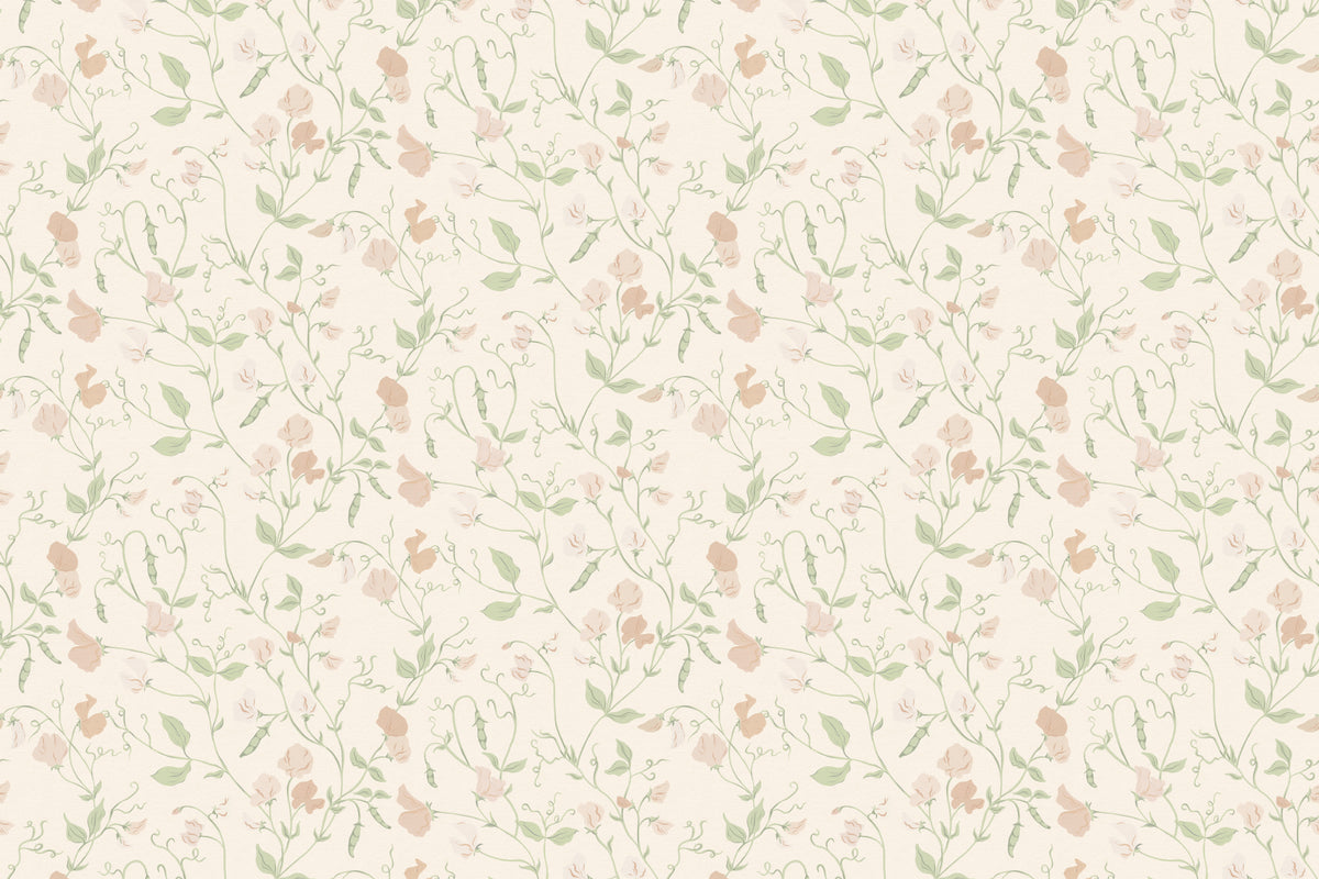 Full artwork view of The Heirloom Sprig mural in ivory and sage, showing tiny scattered flower sprigs
