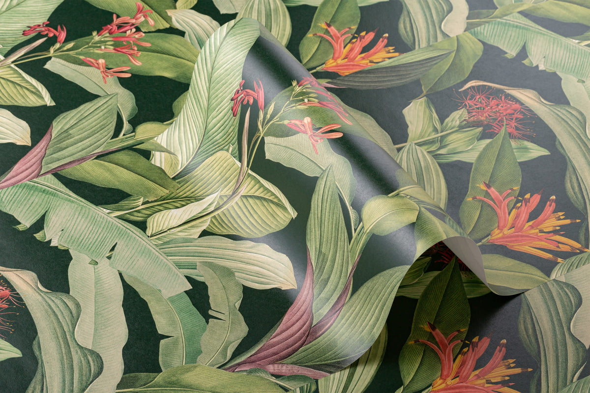 Roll of The Heliconia Hall wallpaper in deep jungle green