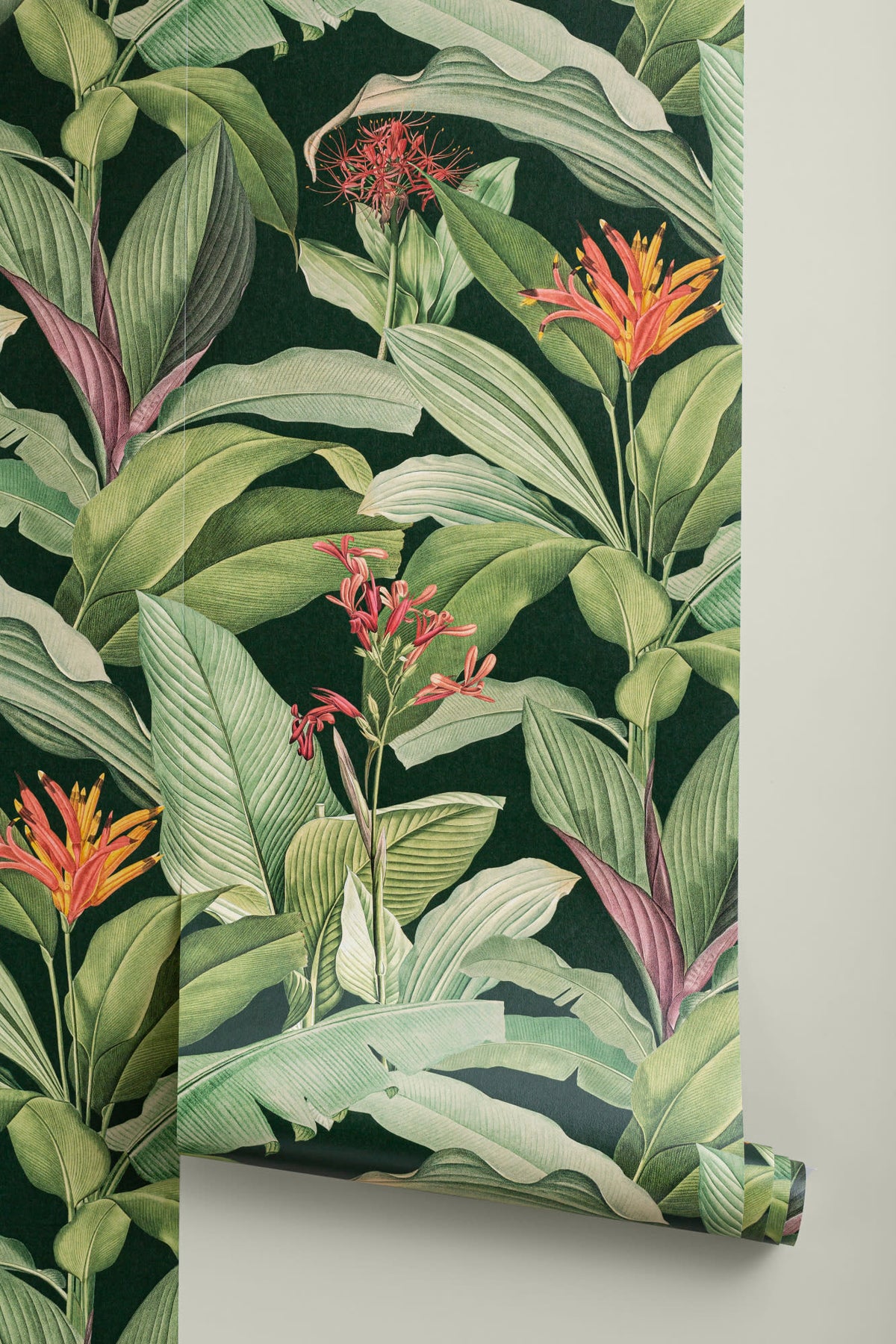 Roll of The Heliconia Hall wallpaper in deep jungle green, another angle