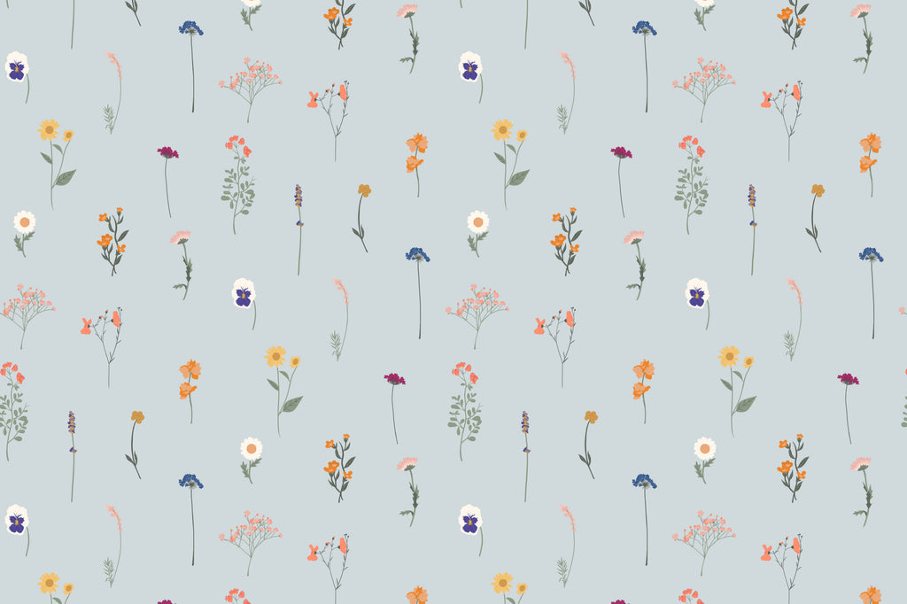 Flat pattern view of The Herbarium Press wallpaper in mist blue, showing the pressed wildflower stems