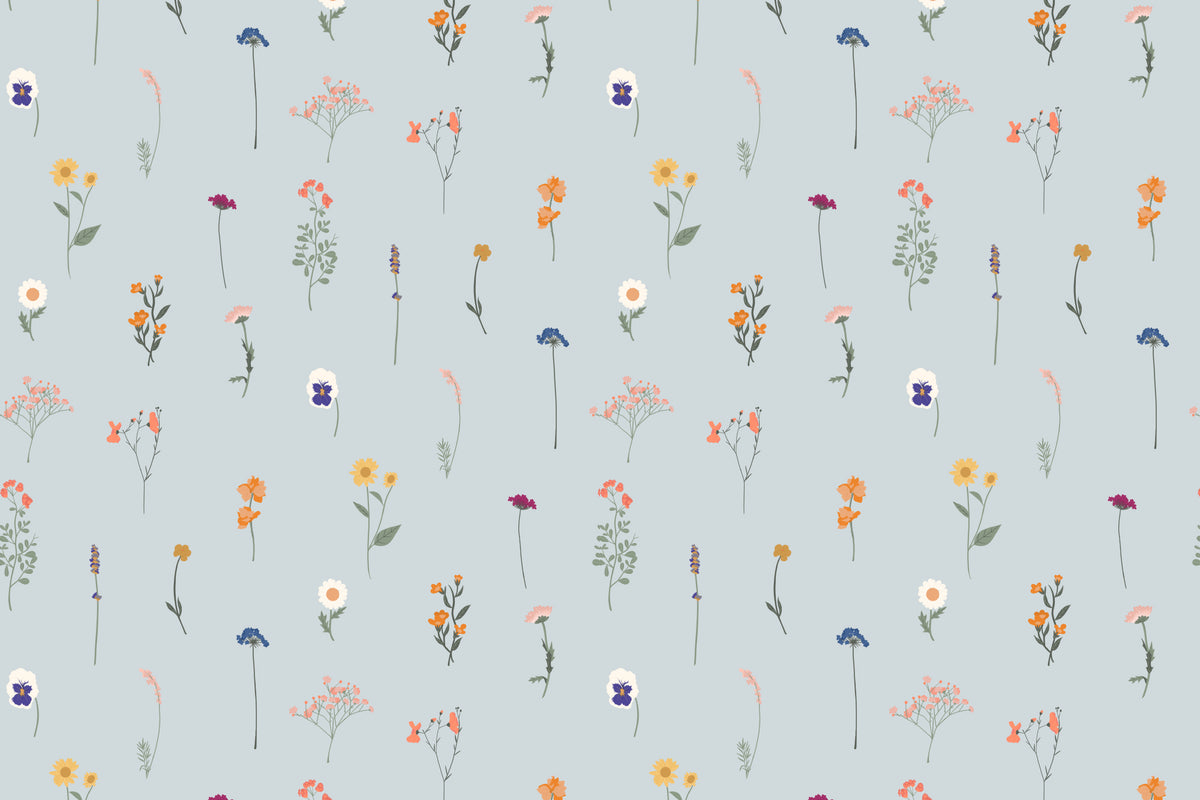 Flat pattern view of The Herbarium Press wallpaper in mist blue, showing the pressed wildflower stems