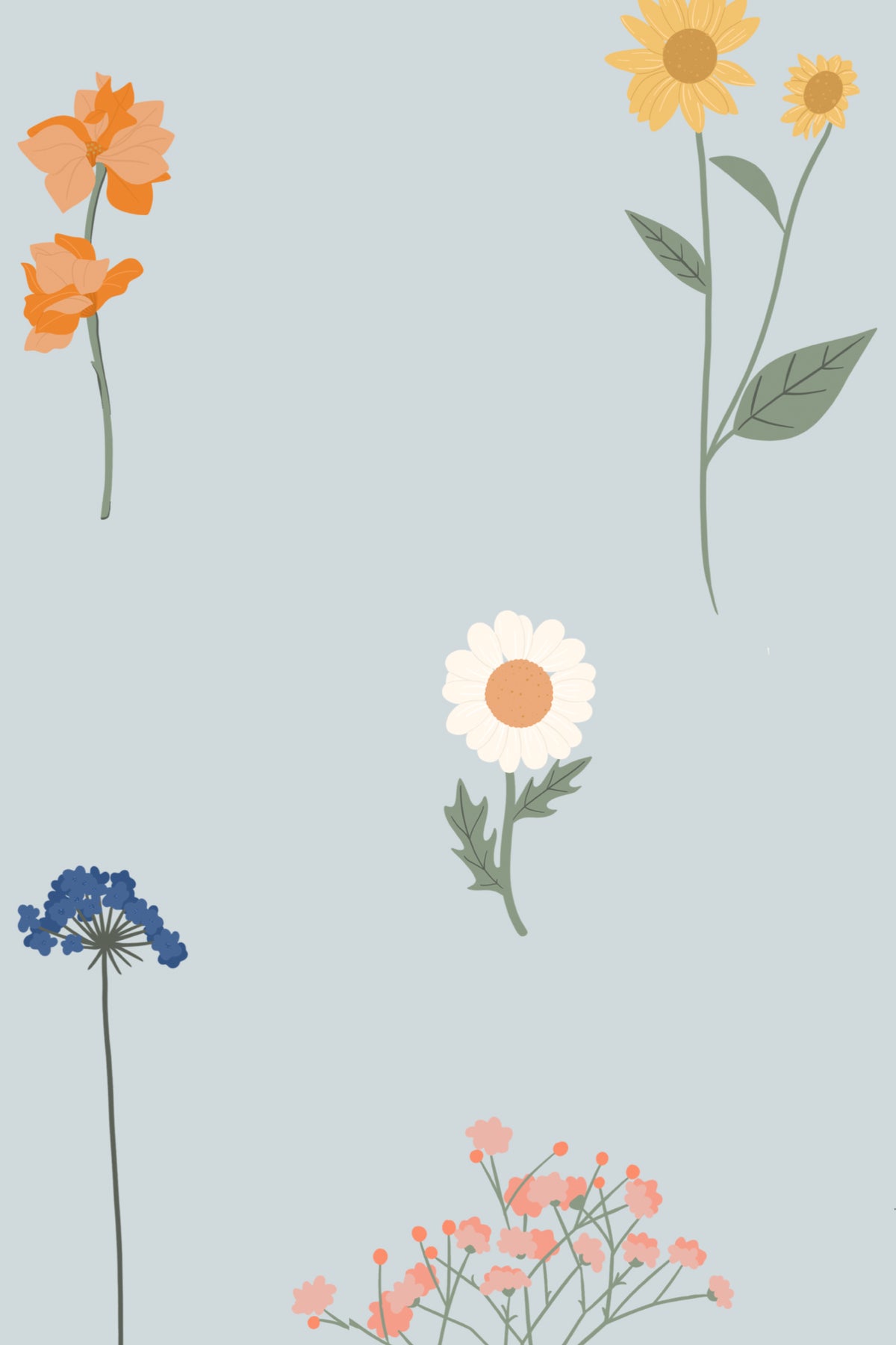 Close-up of The Herbarium Press wallpaper in mist blue showing the pressed wildflower stems in detail