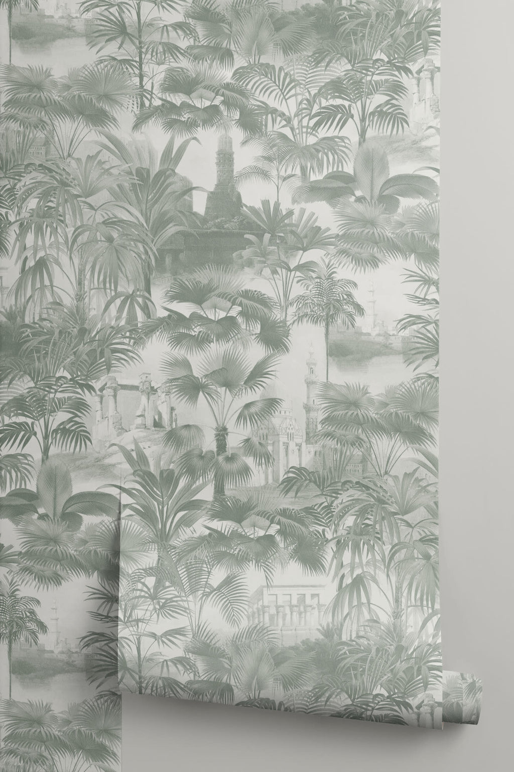 Roll of The Hidden Pavilion wallpaper in eucalyptus green, another angle