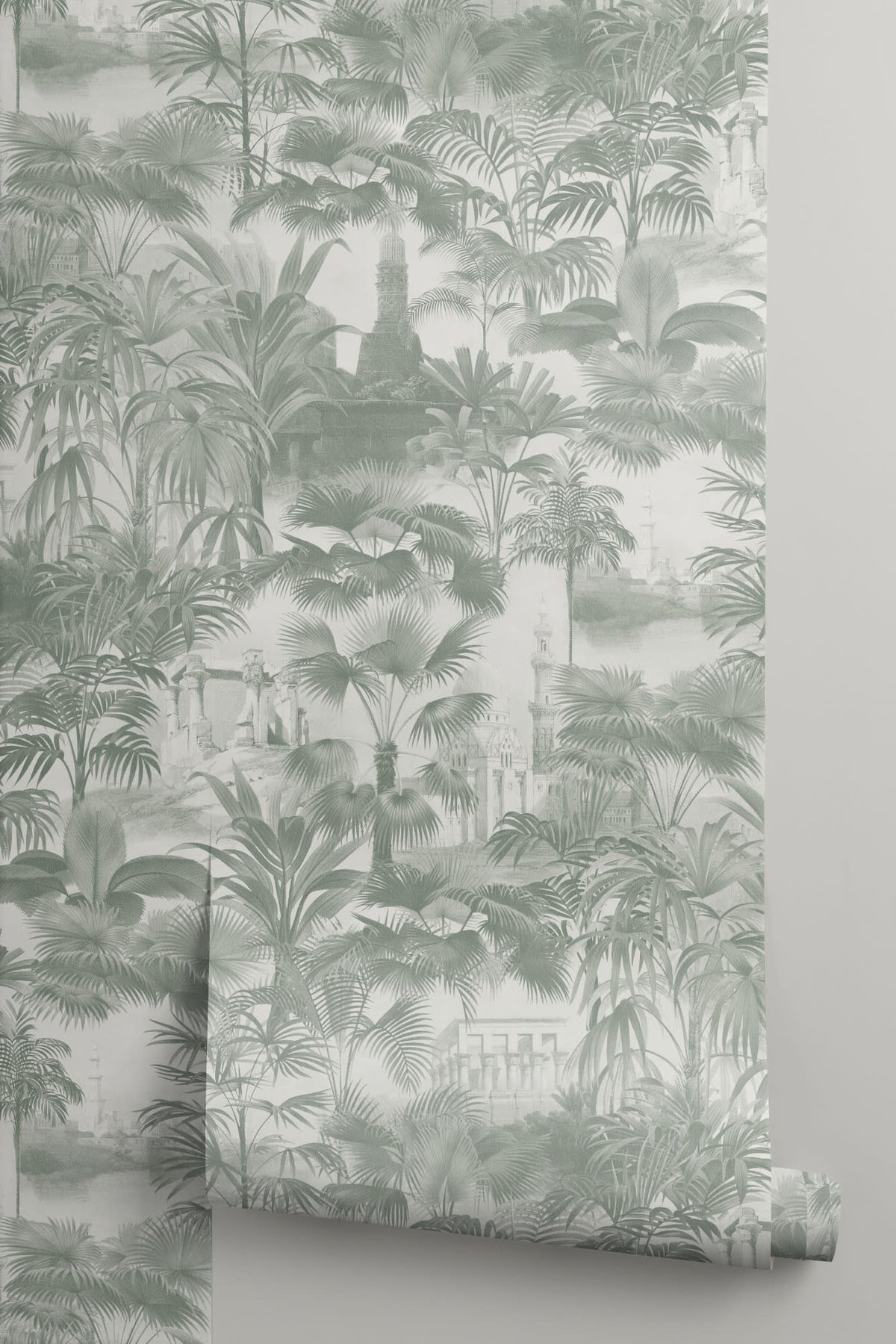 Roll of The Hidden Pavilion wallpaper in eucalyptus green, another angle
