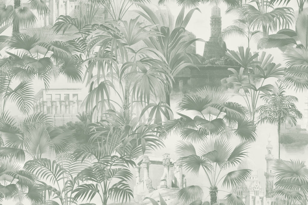 Flat pattern view of The Hidden Pavilion wallpaper in eucalyptus green, showing the temple ruins among jungle palms