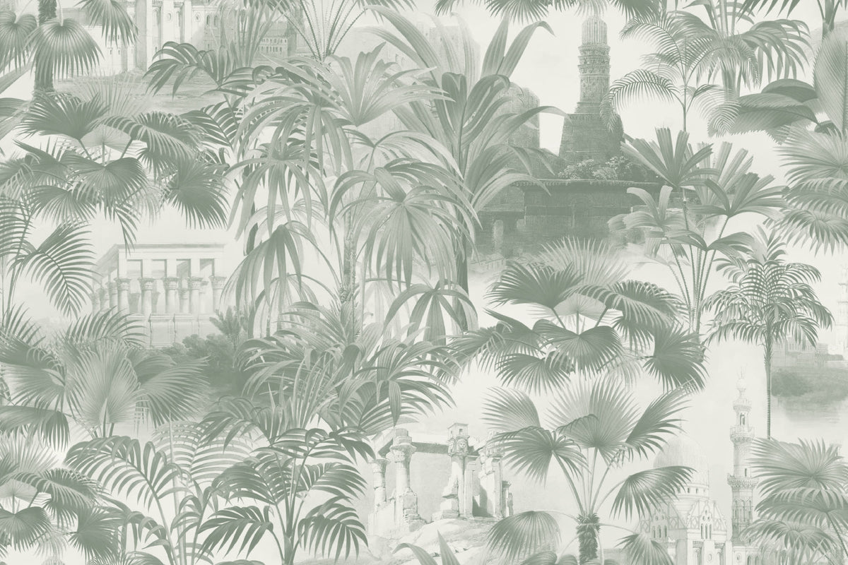 Flat pattern view of The Hidden Pavilion wallpaper in eucalyptus green, showing the temple ruins among jungle palms