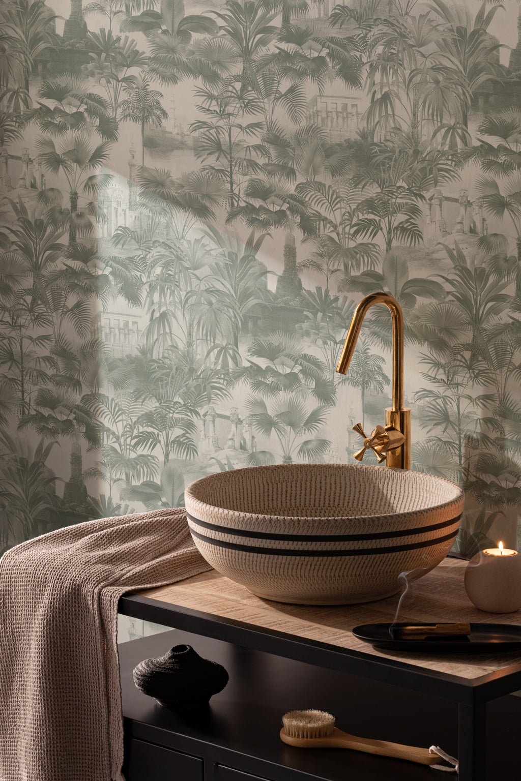 The Hidden Pavilion wallpaper in eucalyptus green in a bathroom