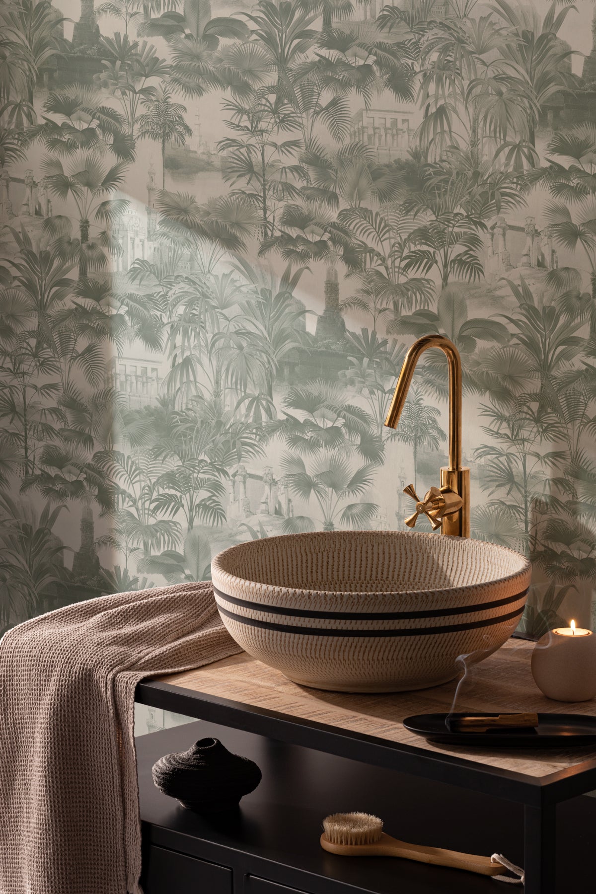The Hidden Pavilion wallpaper in eucalyptus green in a bathroom