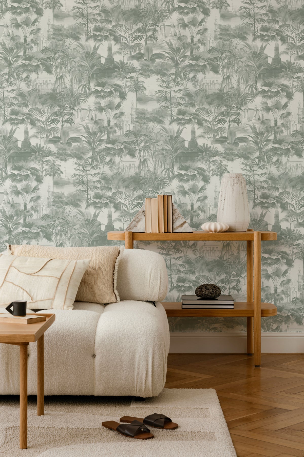 The Hidden Pavilion wallpaper in eucalyptus green in a living room