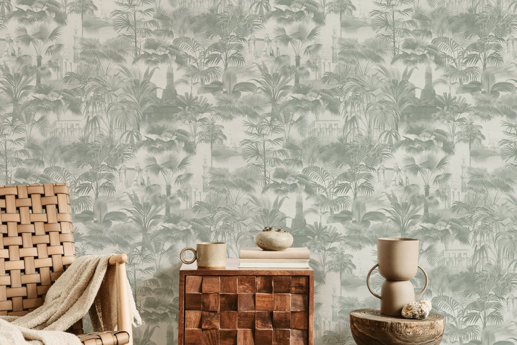 The Hidden Pavilion wallpaper in eucalyptus green in a styled vignette
