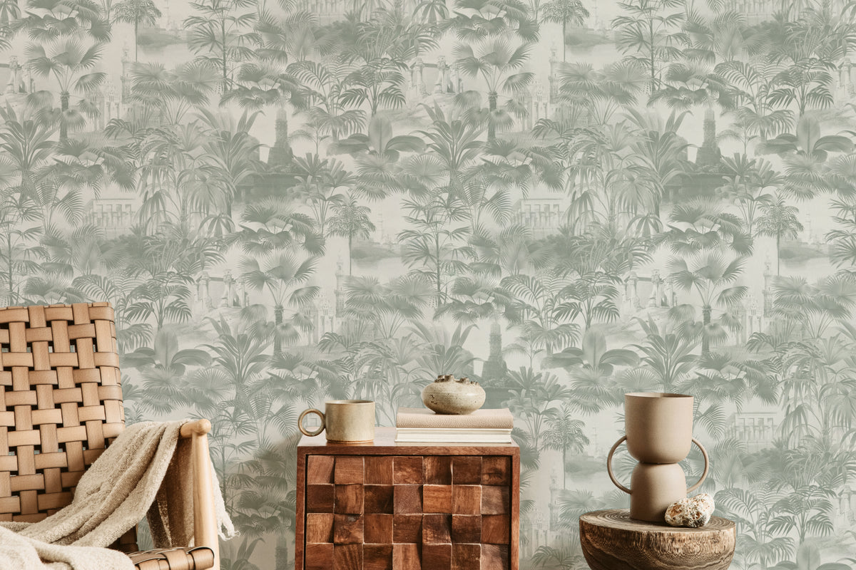 The Hidden Pavilion wallpaper in eucalyptus green in a styled vignette