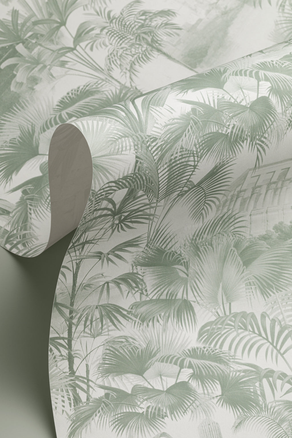 Angled detail of The Hidden Pavilion wallpaper in eucalyptus green