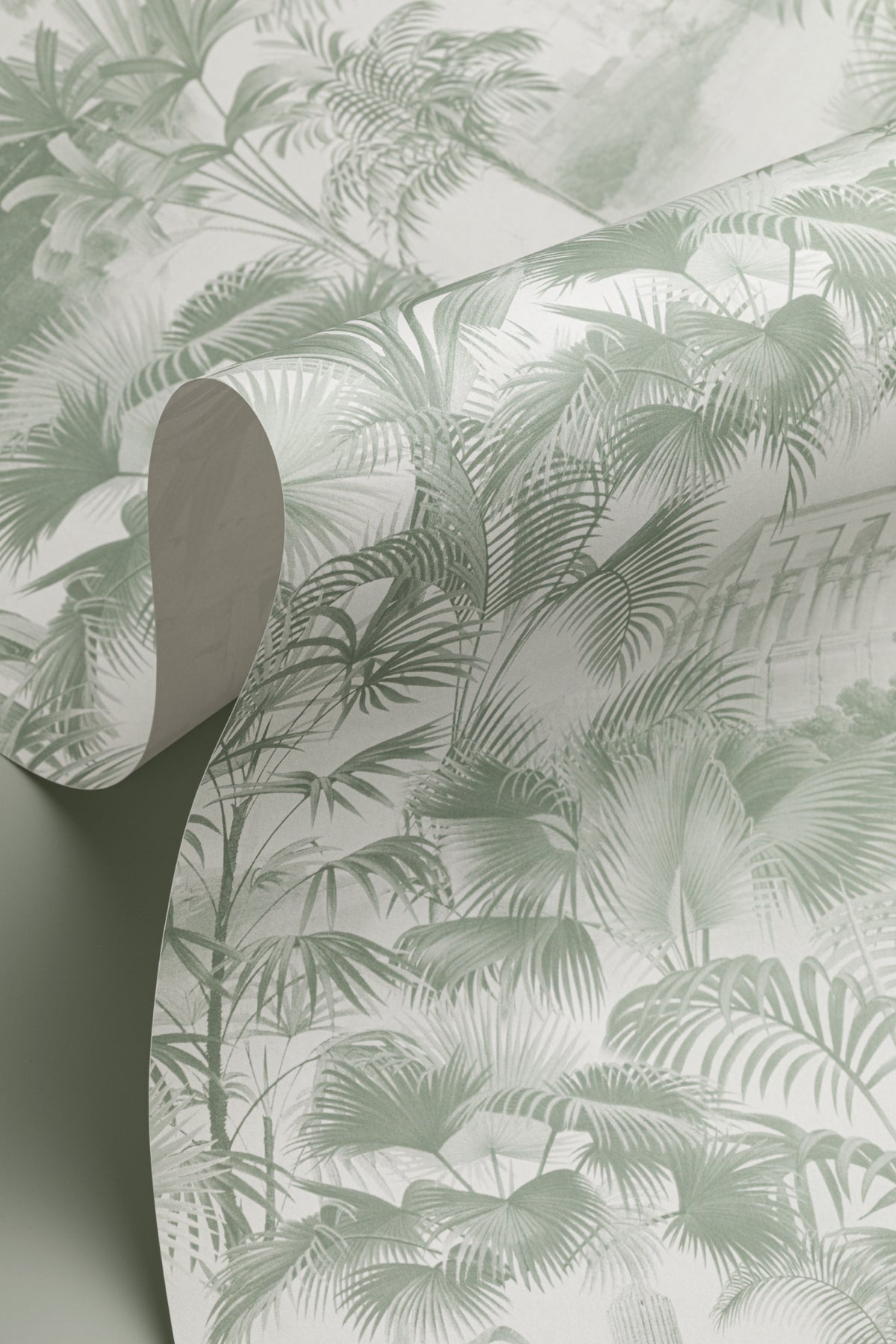 Angled detail of The Hidden Pavilion wallpaper in eucalyptus green