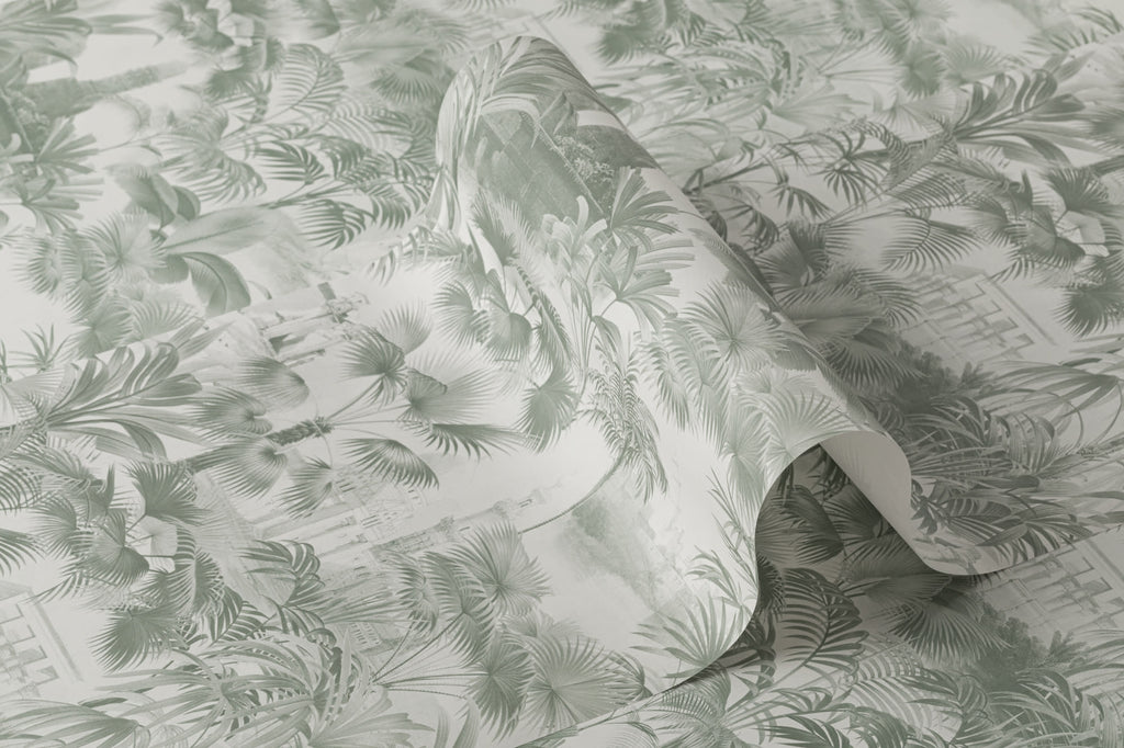 Roll of The Hidden Pavilion wallpaper in eucalyptus green