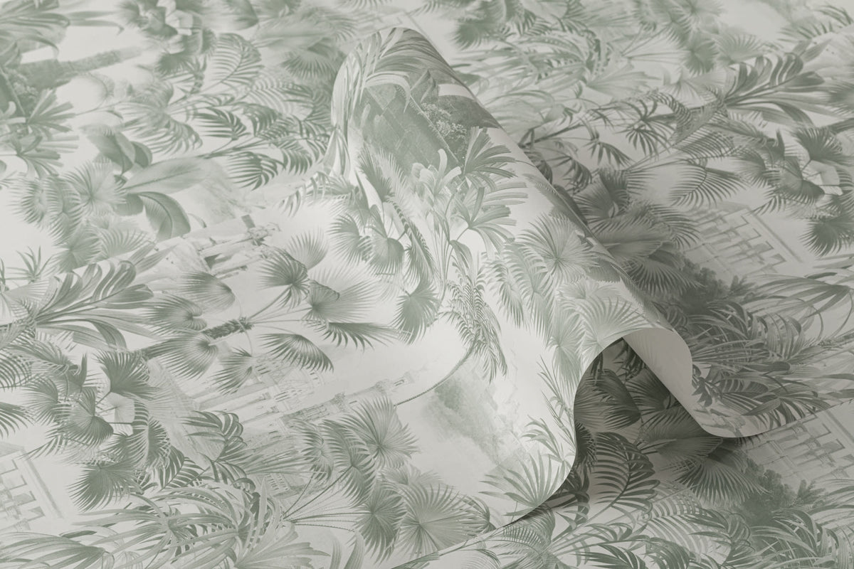 Roll of The Hidden Pavilion wallpaper in eucalyptus green