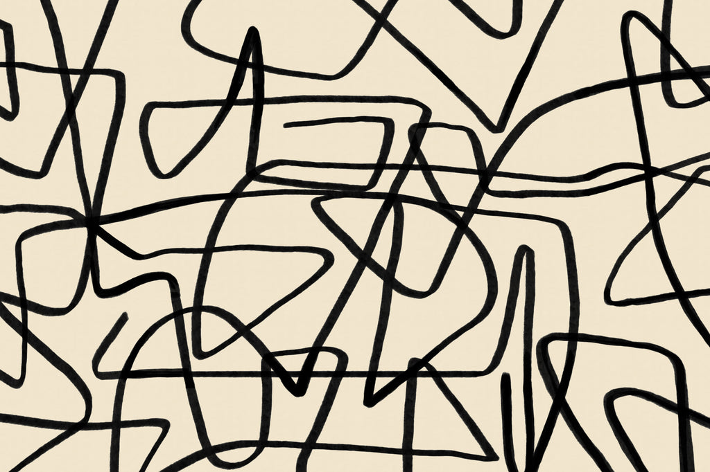 Full artwork view of The Ink Gesture mural in black and parchment, showing gestural ink lines