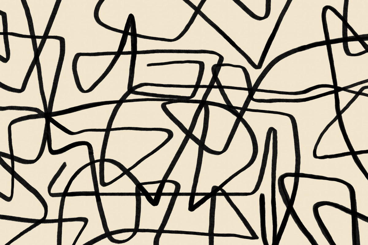 Full artwork view of The Ink Gesture mural in black and parchment, showing gestural ink lines