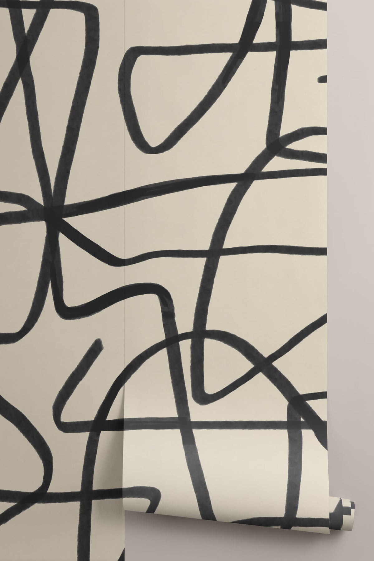 Rolled panel of The Ink Gesture mural in black and parchment
