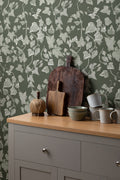 The Ivy Rectory wallpaper in forest green in a kitchen