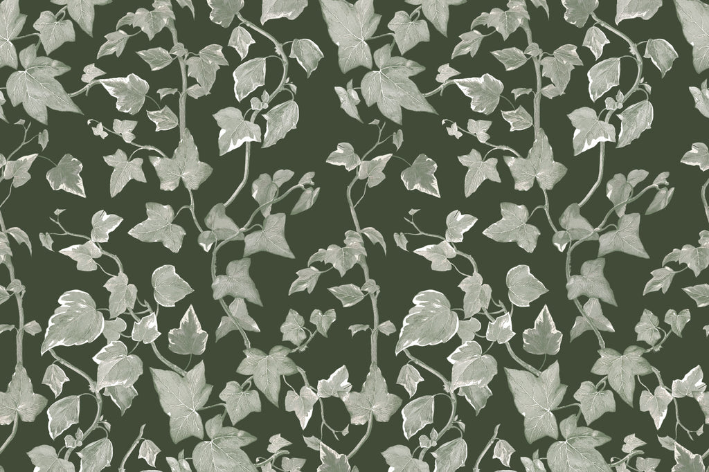 Flat pattern view of The Ivy Rectory wallpaper in forest green, showing the trailing ivy leaves
