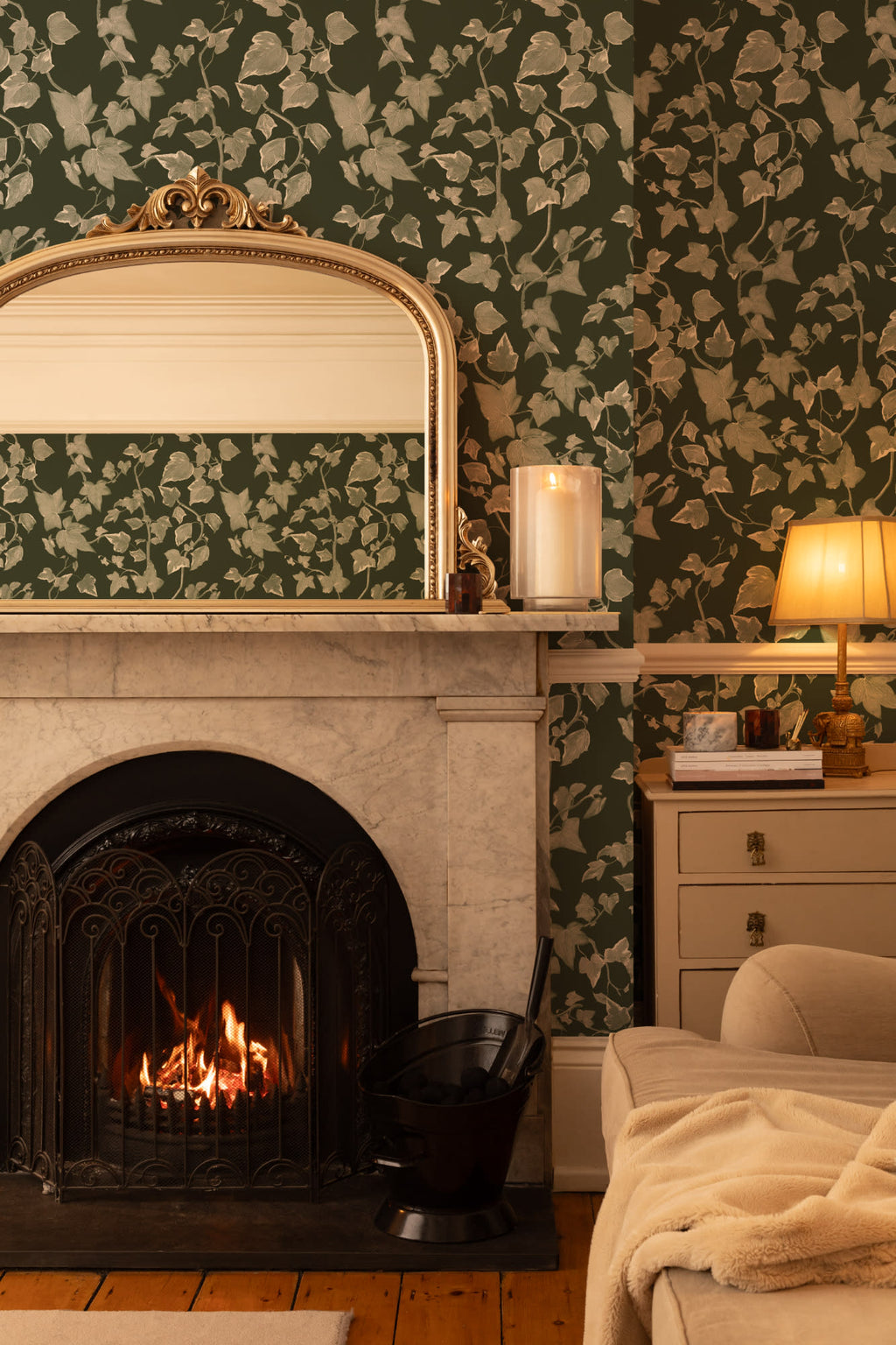 The Ivy Rectory wallpaper in forest green in a living room