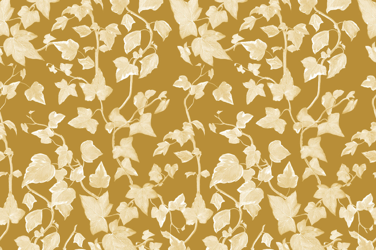 Flat pattern view of The Ivy Rectory wallpaper in mustard gold, showing the trailing ivy leaves