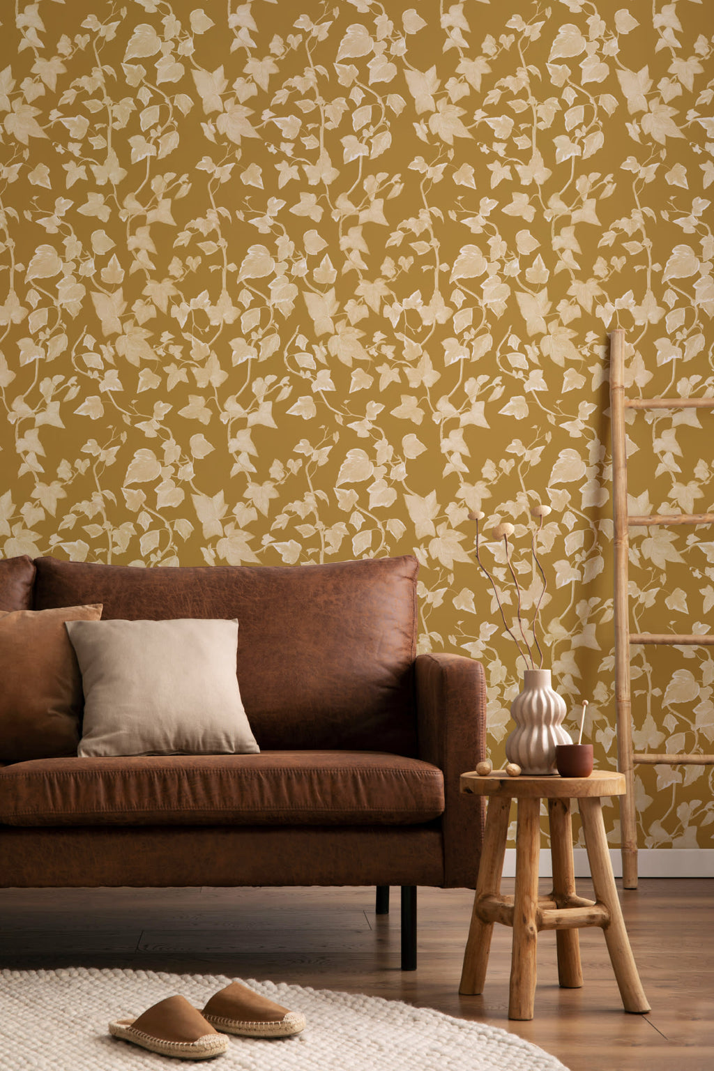 The Ivy Rectory wallpaper in mustard gold in a living room