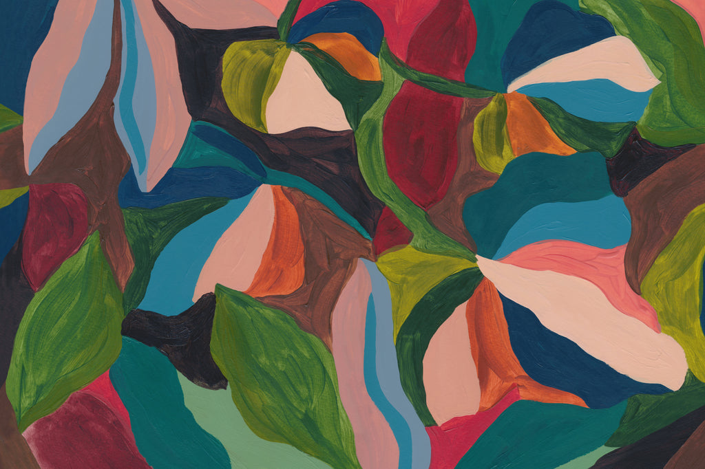 Full artwork view of The Jewel Foliage mural in teal and coral, showing painted abstract leaves