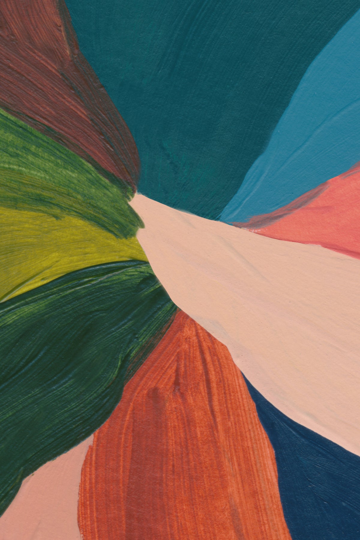 Close-up of The Jewel Foliage mural in teal and coral showing the painted abstract leaves in detail