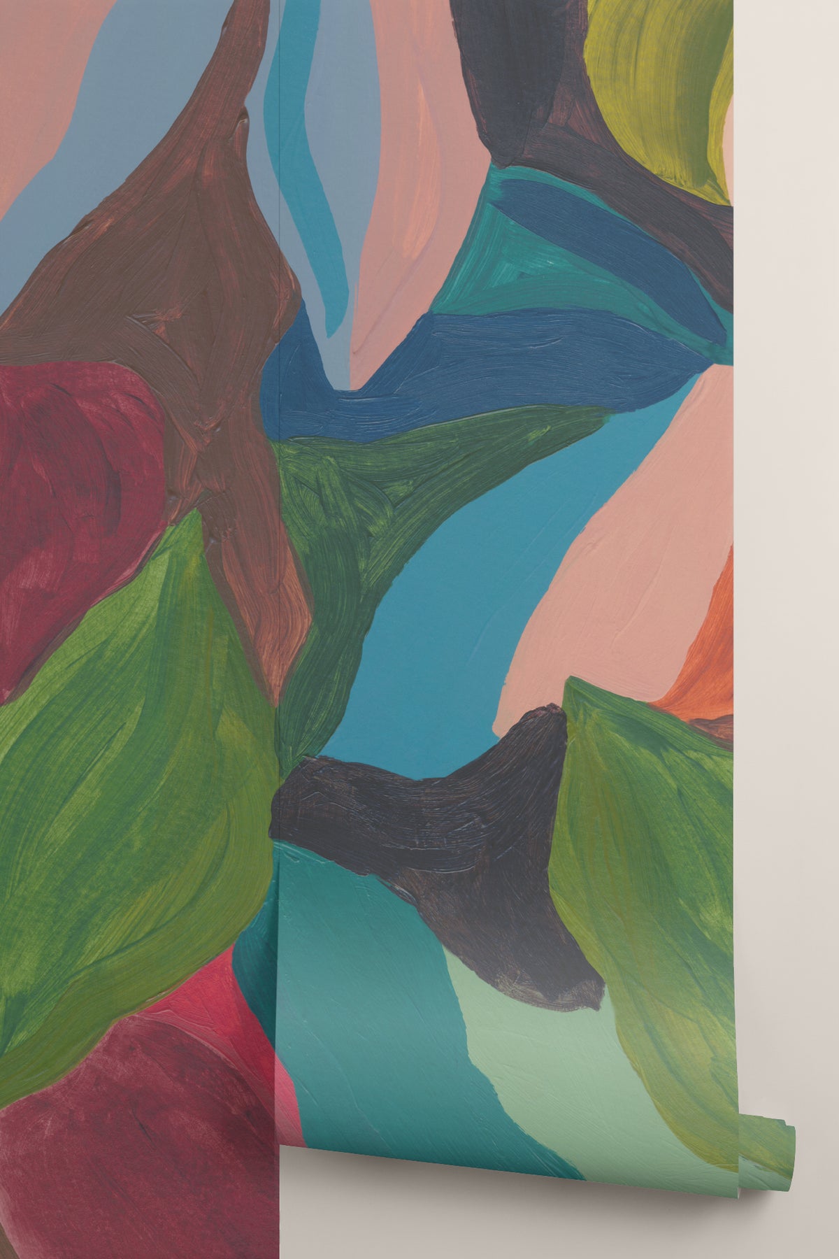 Rolled panel of The Jewel Foliage mural in teal and coral