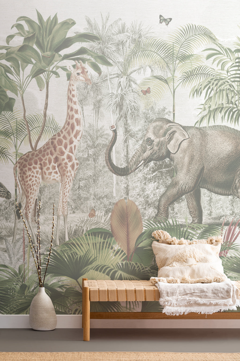 The Jungle Caravan mural in jungle green on a nursery wall