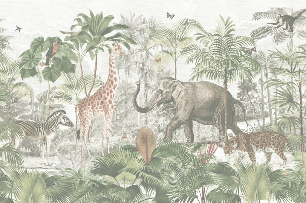 Full artwork view of The Jungle Caravan mural in jungle green, showing animals in a misty jungle