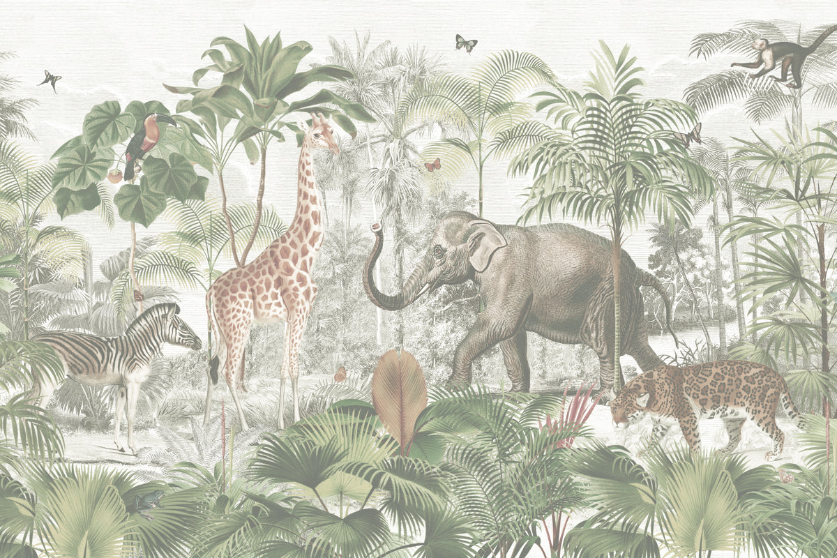 Full artwork view of The Jungle Caravan mural in jungle green, showing animals in a misty jungle