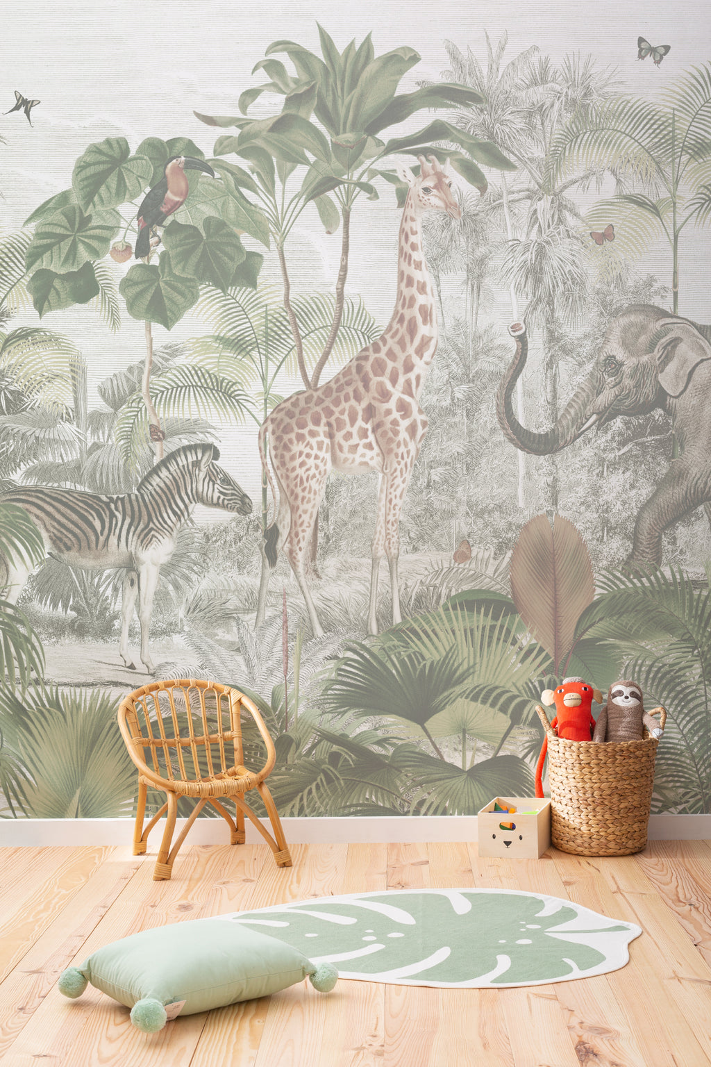 The Jungle Caravan mural in jungle green in a child's bedroom