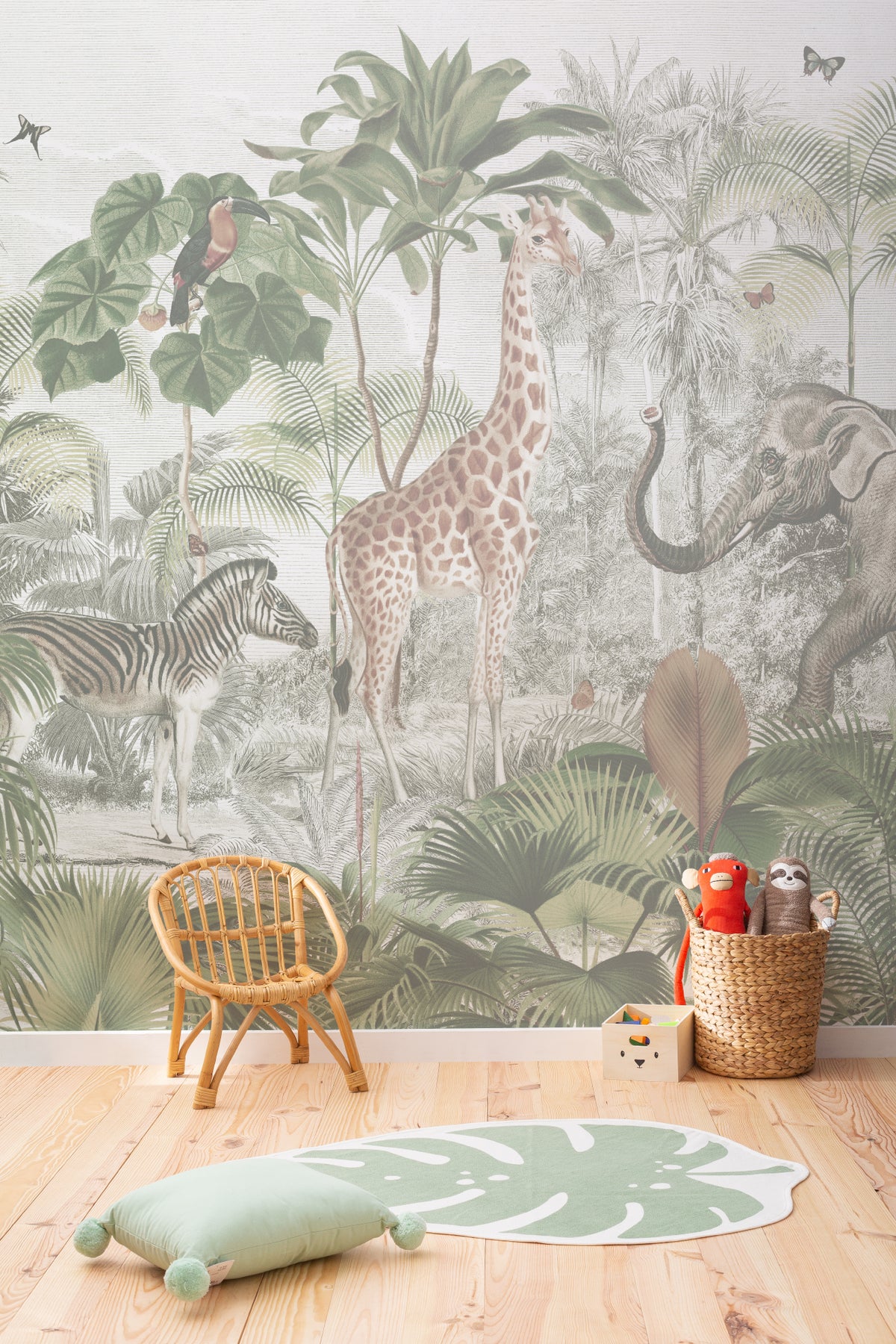 The Jungle Caravan mural in jungle green in a child's bedroom