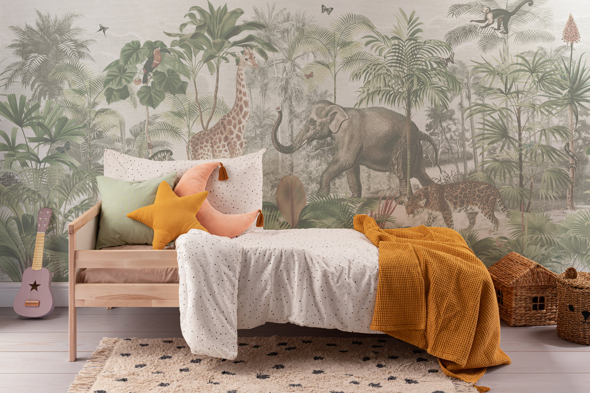 The Jungle Caravan mural in jungle green behind a kids' play corner