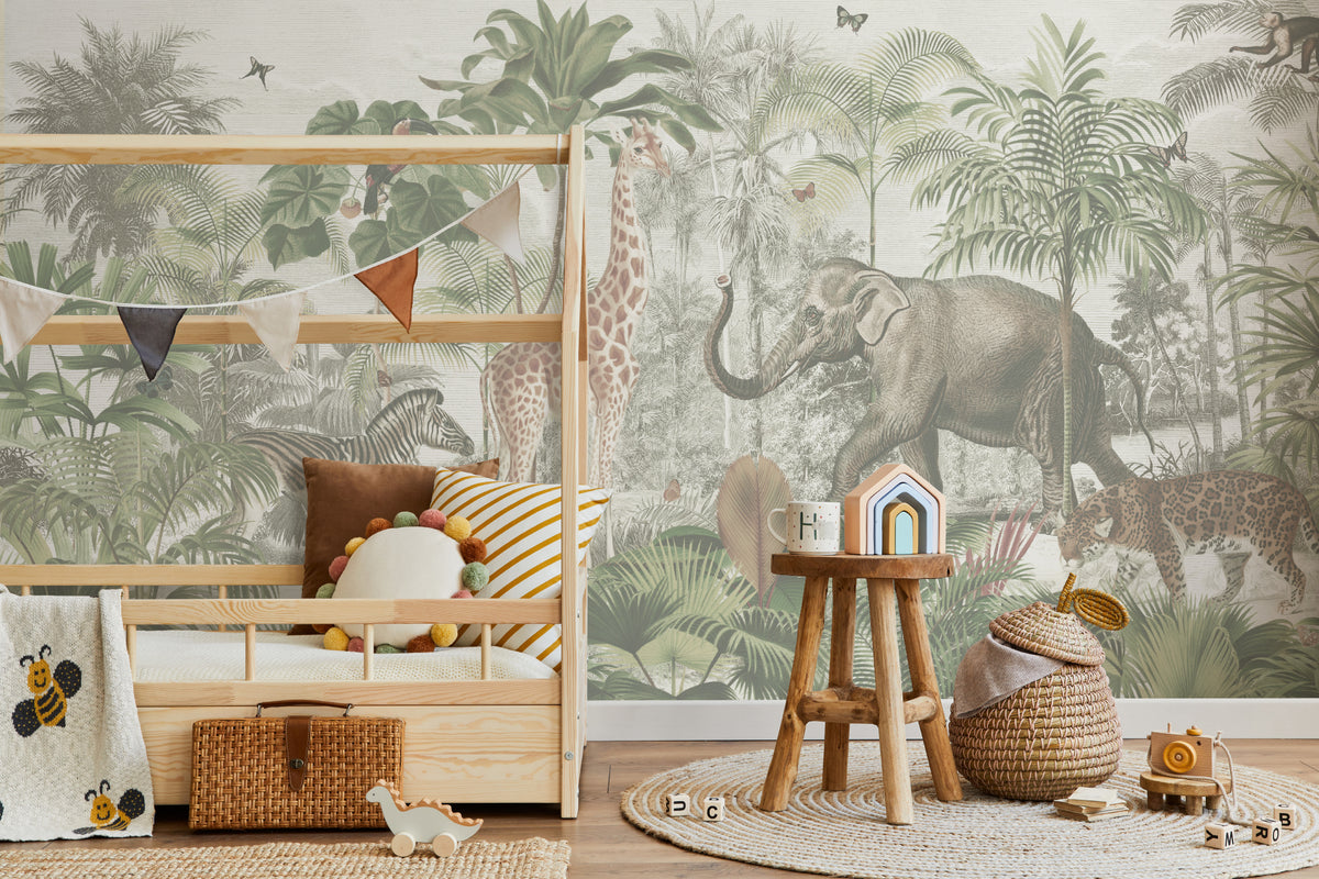 The Jungle Caravan mural in jungle green in a children's room setting